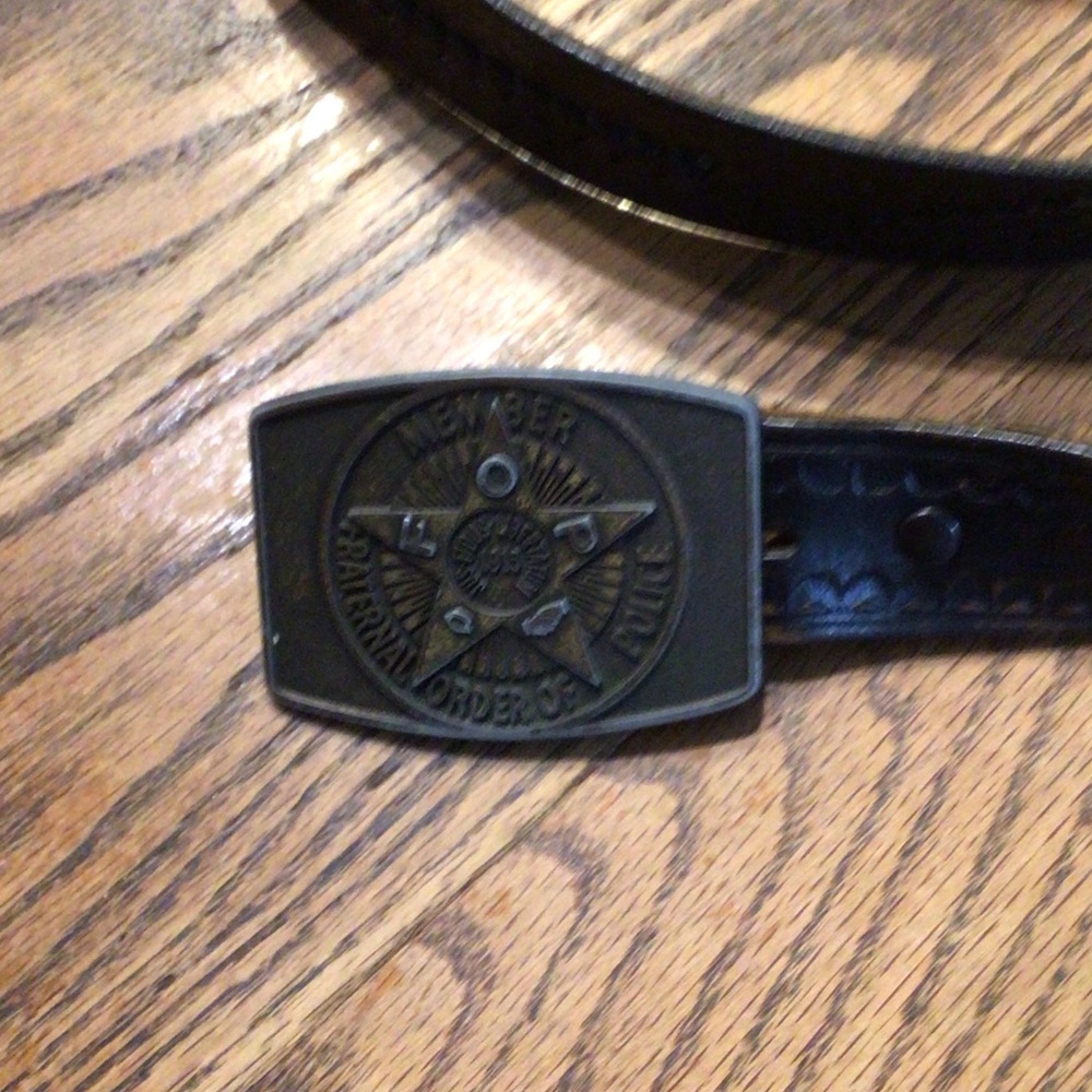 Men’s vintage leather belt with braided inserts and FOP belt buckle